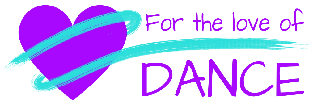 A purple heart shape wrapped in a aqua blue brush stroke and the text 'For the Logo Of Dance' sitting to the right of the heart.